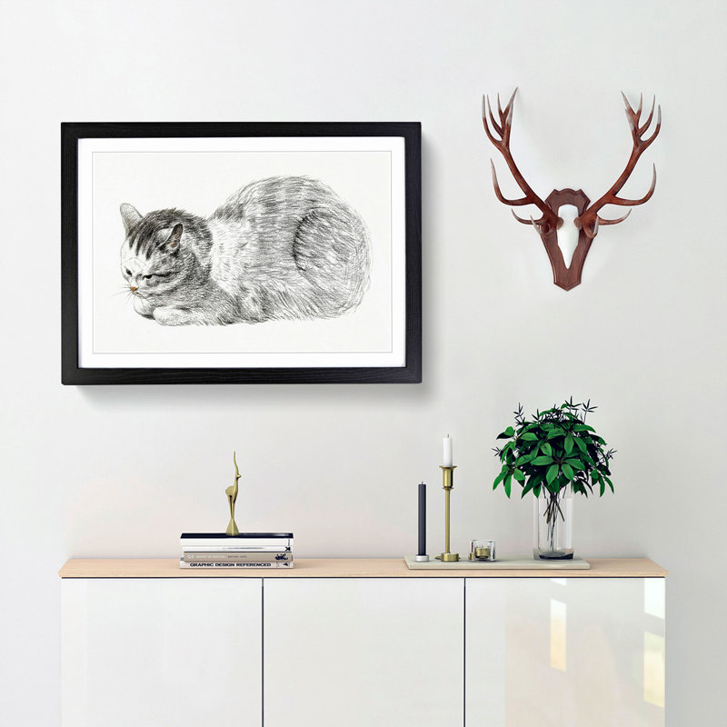 Restful Cat by Jean Bernard - Picture Frame Drawing Print, 27cm H x 36cm W x 2cm D, Black Framed