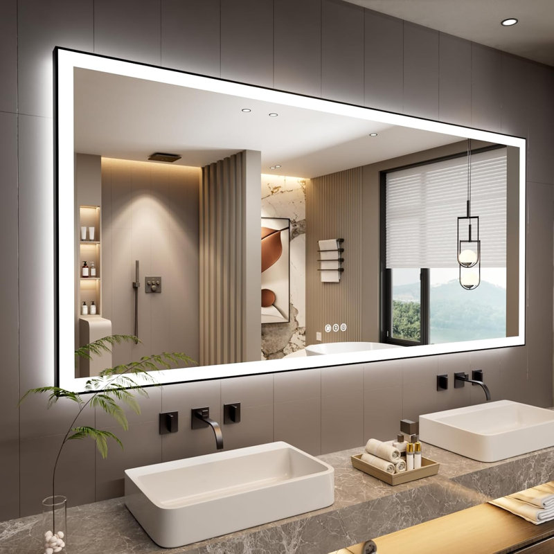 Miroir de salle de bain à DEL avec cadre noir, rétro-éclairé et miroirs de salle de bain éclairés, 84 po x 40 po