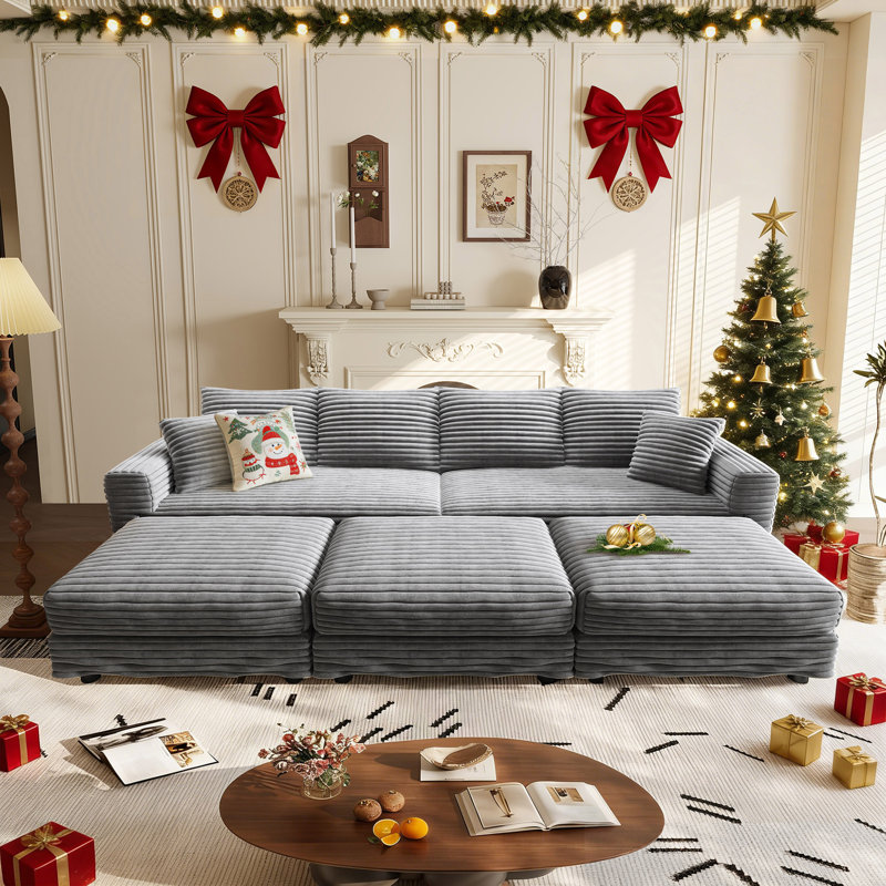 7 Seater Oversized Modular Sofa Extra Deep Cloud Corduroy Sectional Couch With Ottoman Chaise, Gray