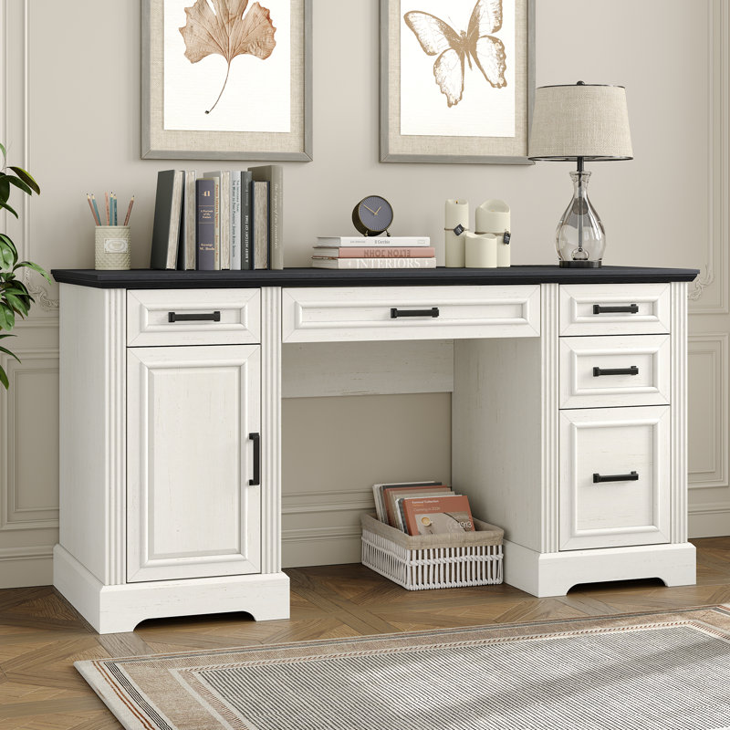 Buckhorn 58'' W Computer Desk with Outlet and 5 Drawers,Large Storage Cabinet for Home Office, Black/Off White