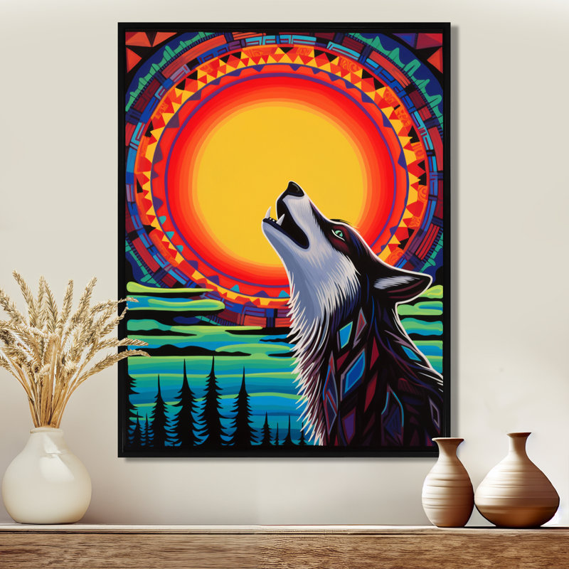 Loup hurlant à la pleine lune, Toile avec cadre flottant noir, H 20 po x l 12 po x P 1 po
