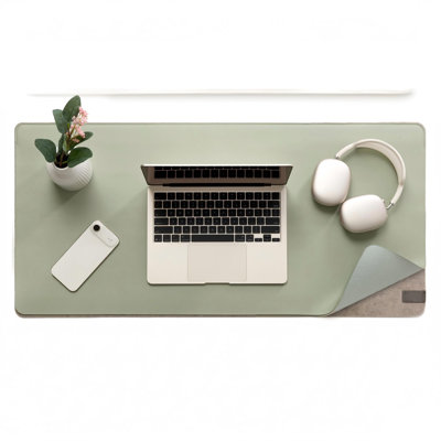 Tapis de bureau en feutre et cuir - sauge Willow Haze double couche 35 x 17 po | Sous-main double couche en cuir mat avec organisateur de documents