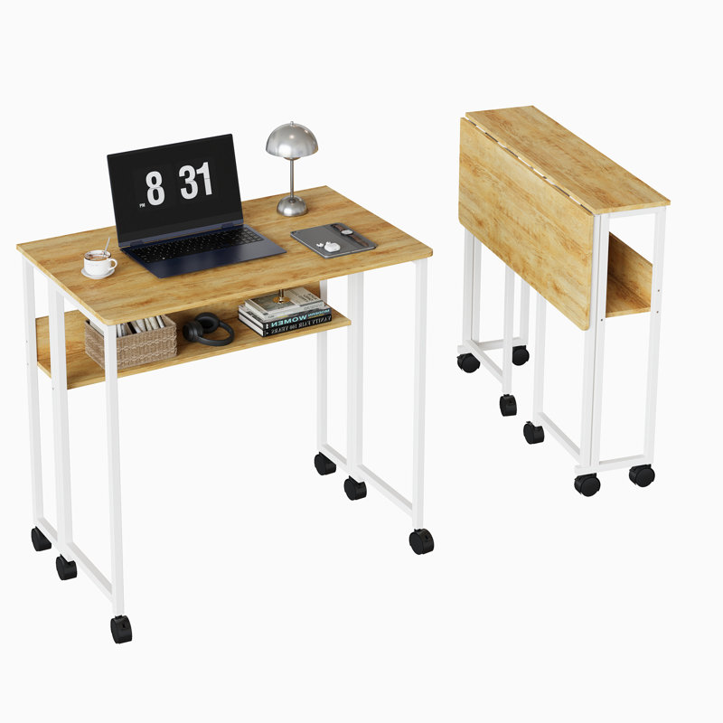 Space-Saving Folding Desk with Storage Shelf and Wheels – Sturdy Collapsible Computer Table – Easy Assembly – Compact Portable Writing Workstation for Home Office, Bedroom, Dorm