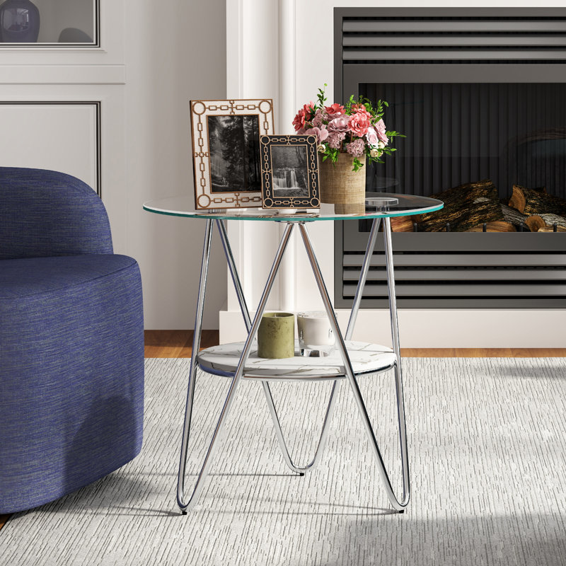 Table d'appoint ronde, table de bout en verre avec tablettes de rangement, Chrome