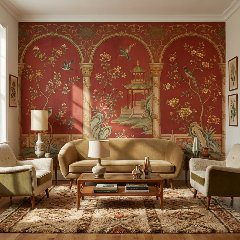 Papier peint chinois Pavillon de pagodes sur fond rouge, Texturé non collé, 120 po x 96 po