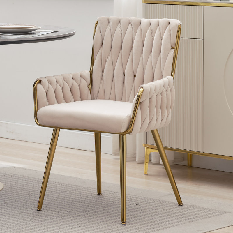 Velvet Desk Chair No Wheels, Modern Woven Armchair with Gold Metal Legs & Armrest, Cute Vanity Makeup Chair for Teen Girls, Living Room, Beige