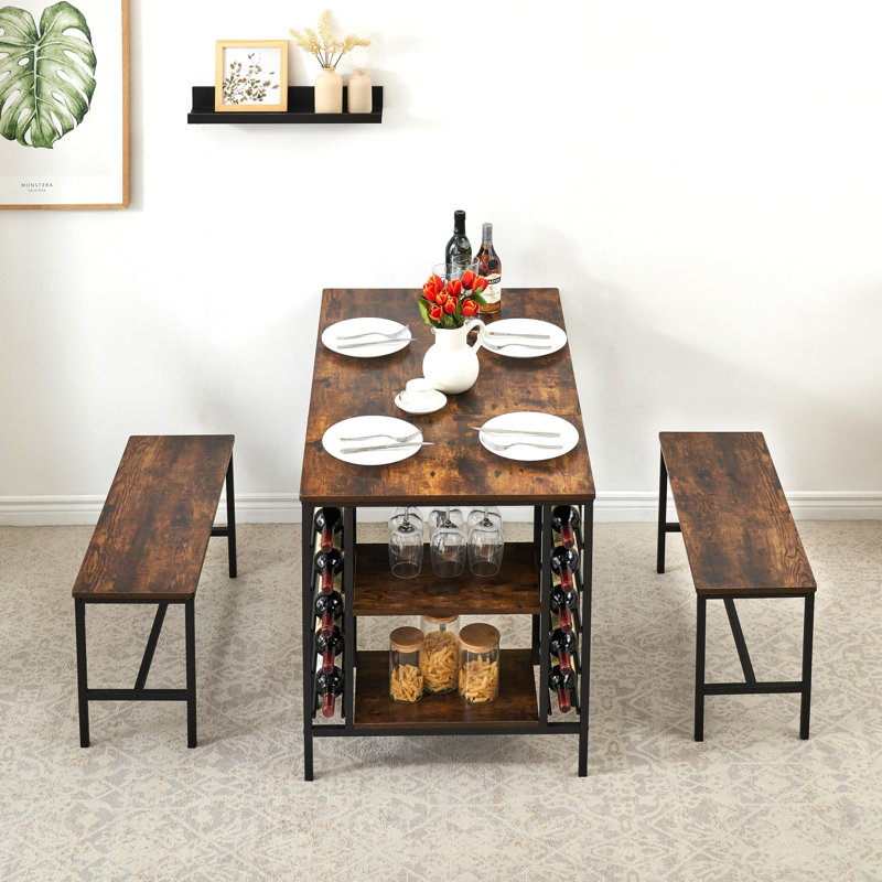 Ensemble de salle à manger de 47 po pour 4 personnes avec 2 bancs, un porte-bouteilles et 2 tablettes de rangement à deux niveaux 47 po