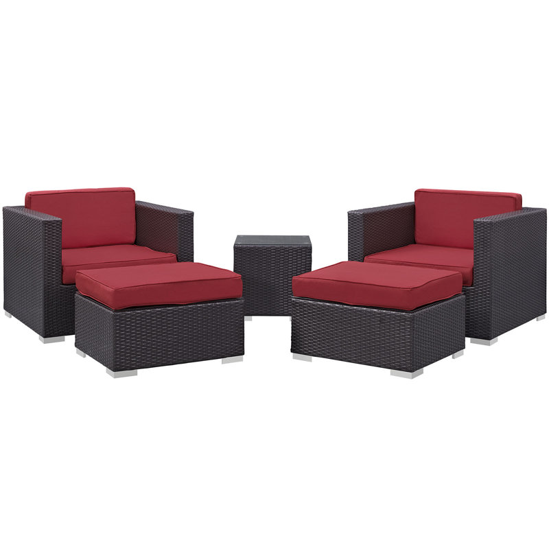 Modway Convene Wicker Rattan 5-Piece Outdoor Patio Furniture Set in Espresso, Red