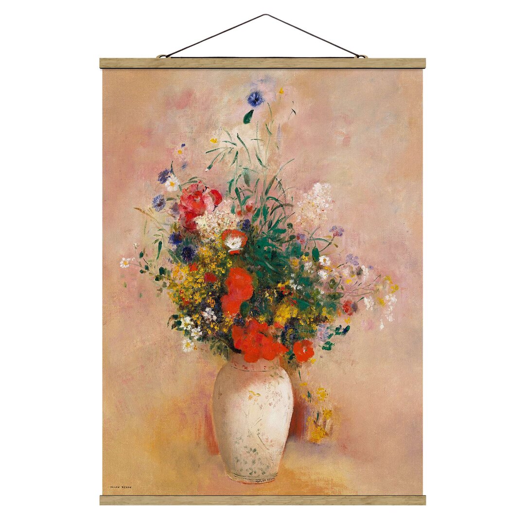 Wandbild Vase mit Blumen (Rosenhintergrund) von Odilon Redon