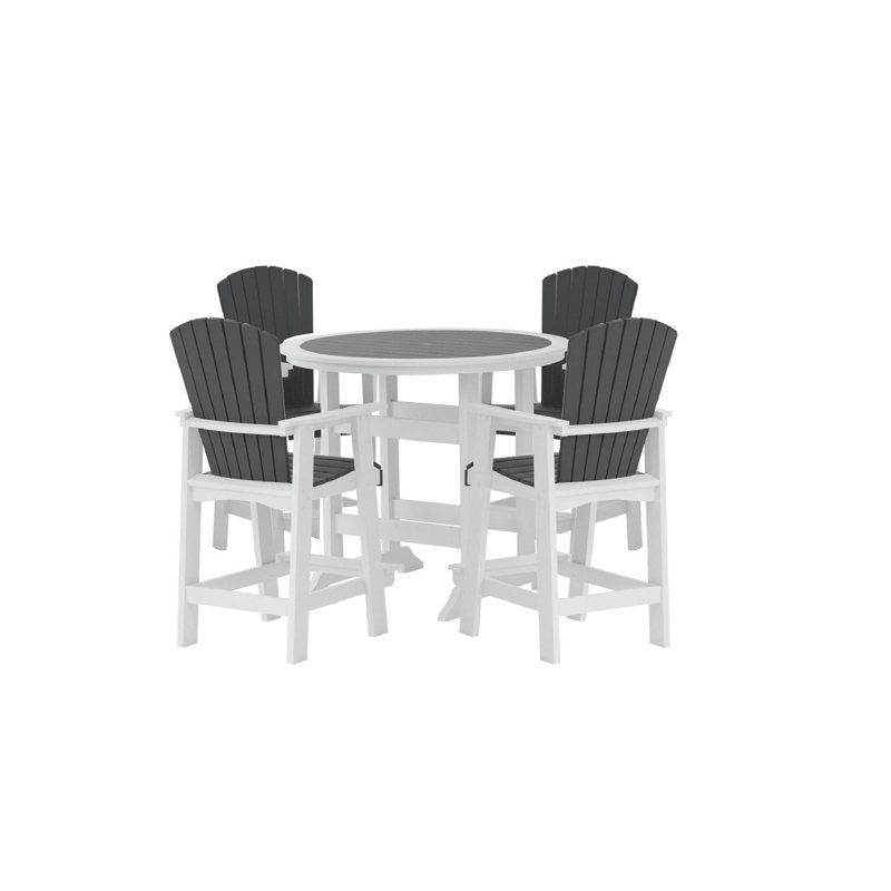HDPE 5-Piece Patio Bar Set, 42 Inch High Top Outdoor Table With 4 Adirondack Chairs, All-Weather White & Gray Bar Height Table And Stools Set For Garden, Pool, Deck, Balcony