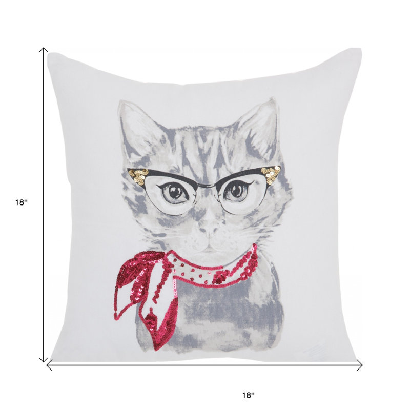 18" White and Red Embroidered Cotton Throw Pillow