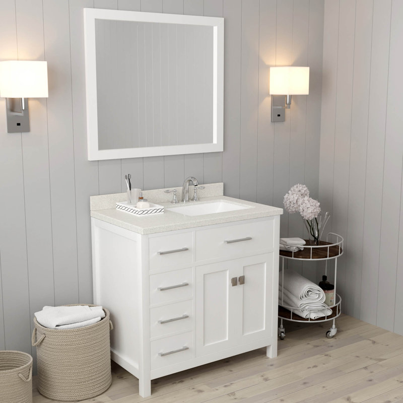 Slagelse 36'' Single Bathroom Vanity with Engineered Quartz Top, White, Dazzle White Quartz, Round