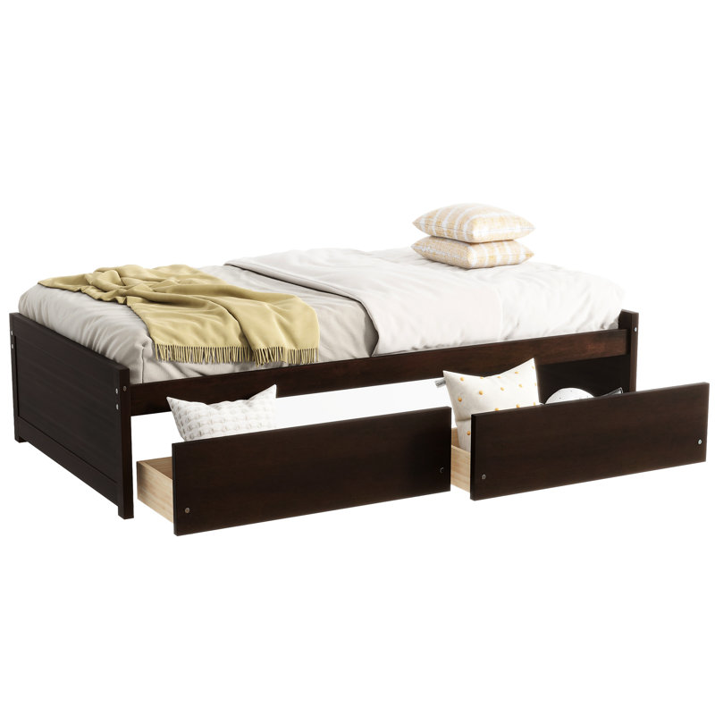 , Lit simple, tiroirs, bois d'hévéa, principe de conception minimaliste, solution de tiroir peu encombrante, structure de soutien solide, approche moderne 2, tiroirs avec roulettes, solutions de rangement pour la chambre à coucher