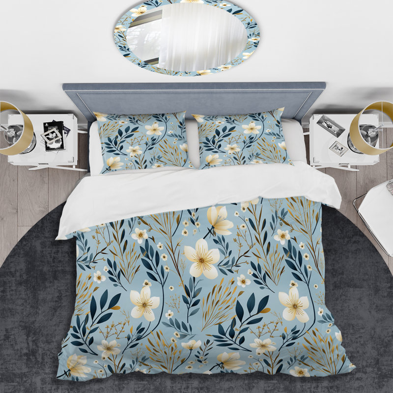Ensemble de housse de couette à motif floral bleu et blanc, Housse de couette simple + 1 taie décorative stan