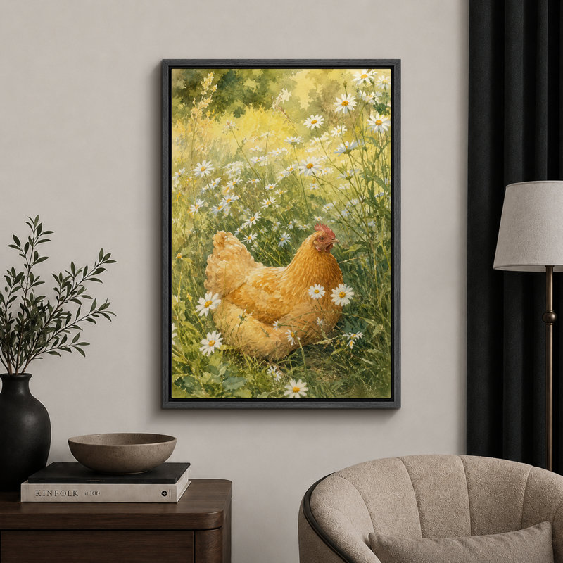 «Golden Hen in Sunlit Daisy Meadow», art de cuisine, impression sur toile encadrée, H 24 po x l 16 po x P 1,5 po, Cadre noir