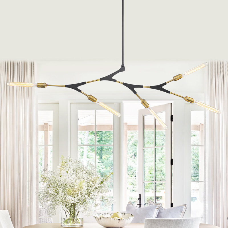 Lustre moderne en forme de Y à 5 lumières avec accoudoirs rotatifs à 180 ° en forme de Y noir et doré, avec une hauteur de 24,8 po à 79,9 po, compatible avec un plafond incliné pour la salle à manger