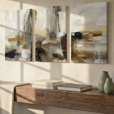 3 Pieces Exculisive Cream Gray and Ochre Abstract Large Wall Art Textured Brushstroke Panoramic, Canvas Decor for Living Room, Bedroom and Office