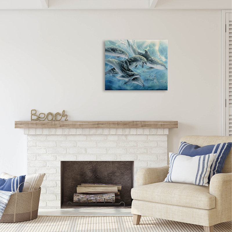 «Au-504-Canvas Playful Passage Dolphins Natation sur toile» par Linda Thompson, peinture, H 24 po x l 30 po x P 1,5 po