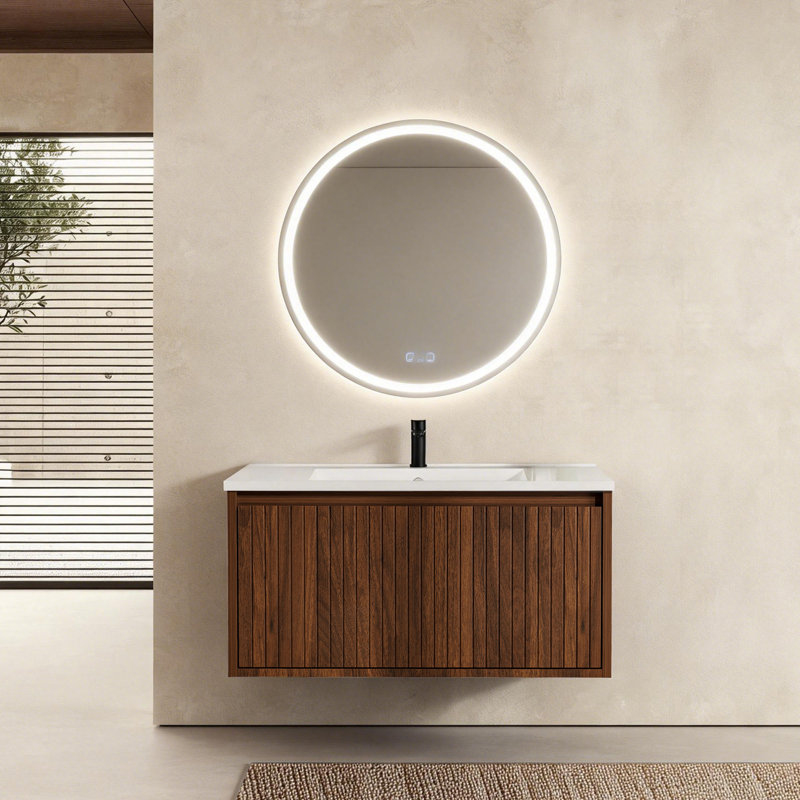 Meuble-lavabo mural 30 po avec tiroir divisé, façade verticale texturée et design flottant, Noyer