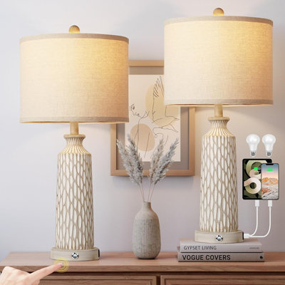 Table Lamp For Living Room With USB A+C Ports, Farmhouse Bedside Lamps For Bedroom Set Of 2, Touch Control 3-Way Dimmable, 26" Modern Off-White Resin Nightstand Lamp, Included 2700K LED Bulbs