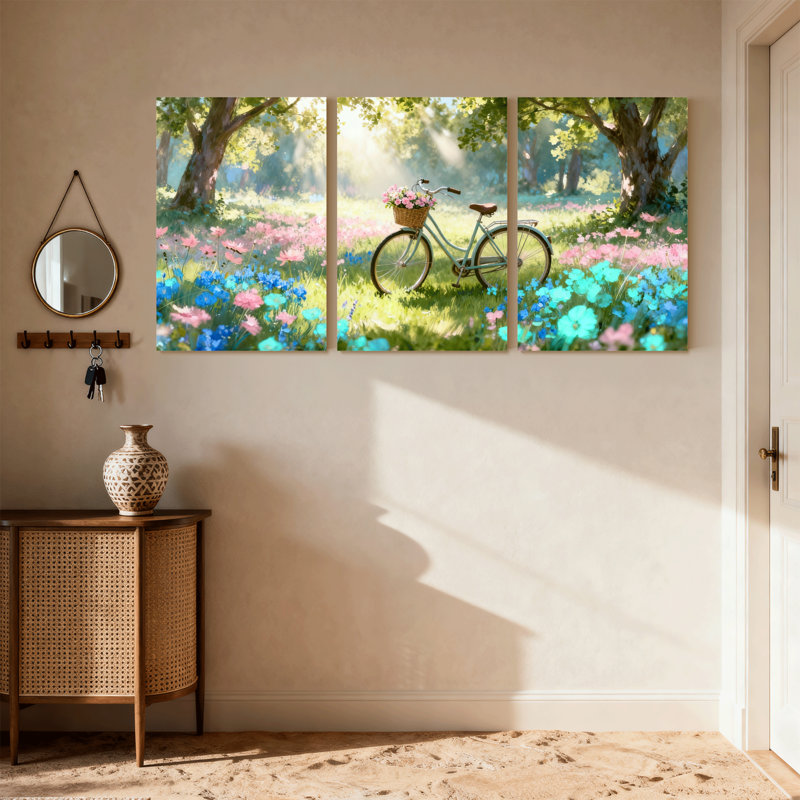 Assortiment de bouquets de bicyclettes dans un jardin de fleurs avec lumière du soleil, ensemble de 3 impressions sur toile