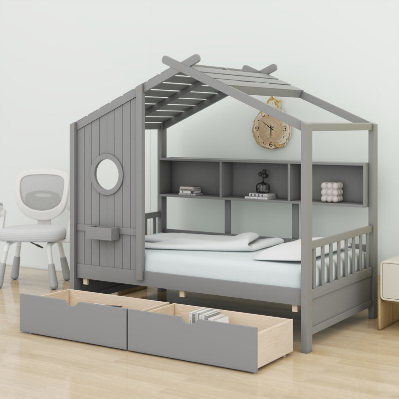 Lit maison en bois, Gris, Lit simple