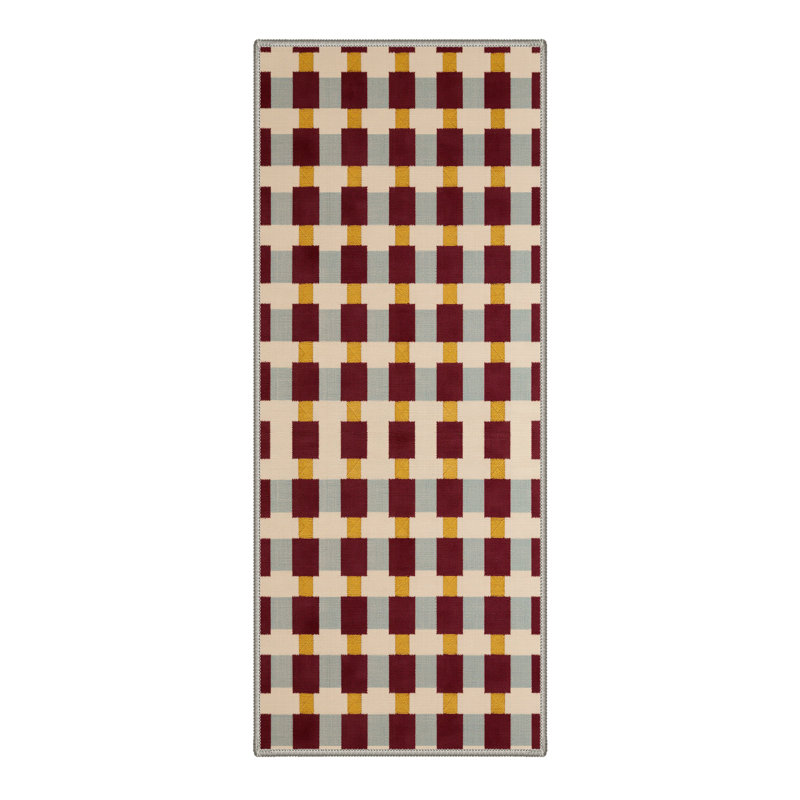 Basketweave Modern Machine Washable Beige / Yellow / Red Indoor Area Rug with Non-Slip Backing, Runner 2' x 6'