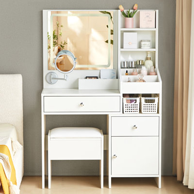 Demri Modern Dressing Table with Led Mirror, 2 Drawers and 6 Shelves