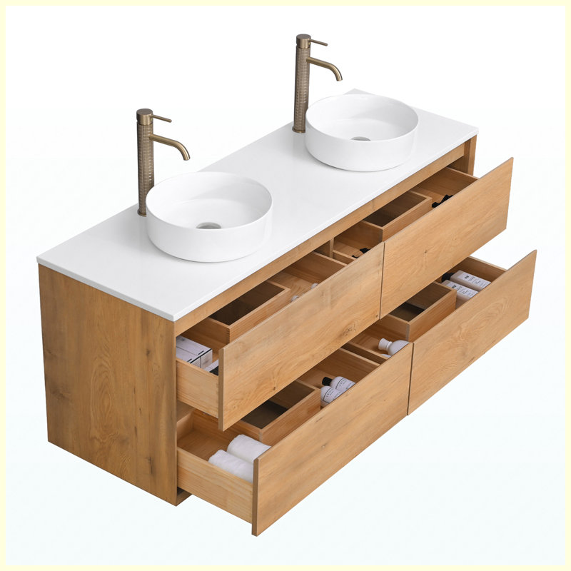 Ensemble de meuble-lavabo mural 60 po avec lavabo vasque circulaire et tiroirs de rangement 60 po