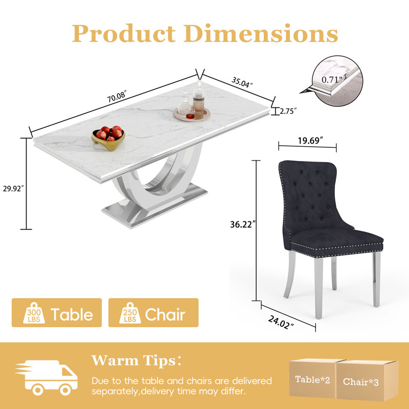 7-Piece Dining Table Set, Marble Veneer MDF Table with 6 Velvet Dining Chairs – Modern Dining Furniture for 6, Black/Silver