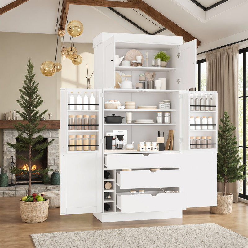 Très grand garde-manger autoportant de style shaker avec porte-bouteilles, Blanc
