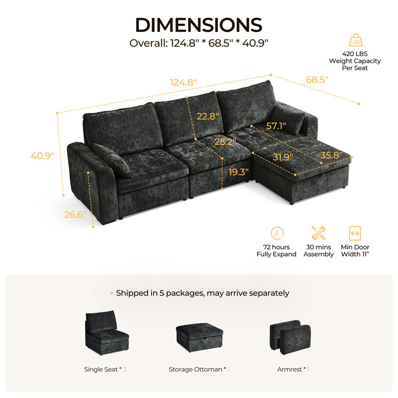 Single Chenille Storage Ottoman Wide Cloud Couch, Cushion Covers Removable, Freely Combined With Other Modules
