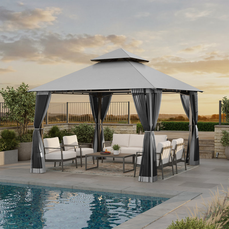 10' x 10' Heavy Duty Patio Gazebo with Extended Eaves - Stable Frame Double Roof Pavilion with Netting and Built-In Drainage