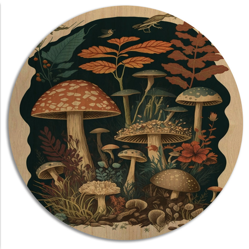 Champignons rétro Amanita Muscaria II - paysage forêt, art mural - bois de pin naturel, H 23 po x l 23 po x P 1 po