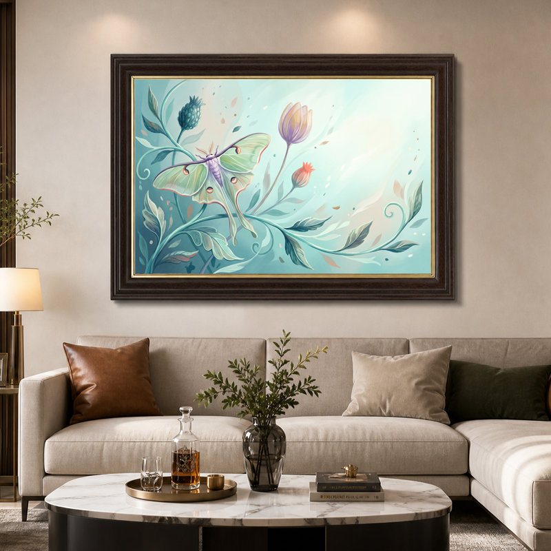 Art mural sur toile Green Luna Moth entouré de fleurs et de feuilles pastel, 16"H x 24"W