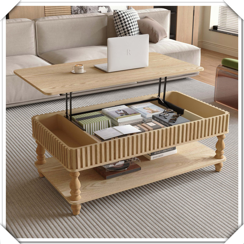 Table basse cannelée avec rangement, Bois naturel