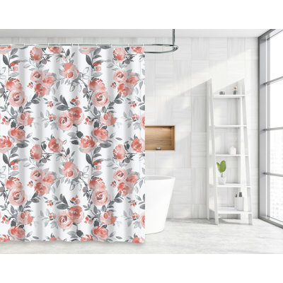 Waterproof Decor Luxury Soft Rich Printed Design Shower Curtain with Roller Hooks, Pink Floral Pattern