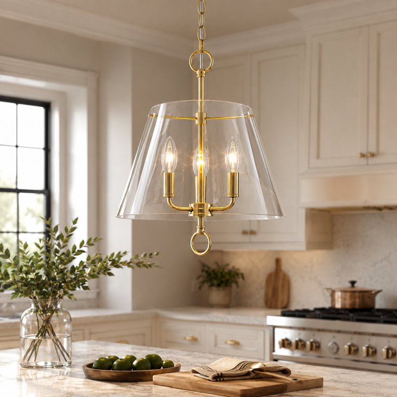 Mini-lustre 3 lumières doré moderne avec abat-jour en verre transparent conique, hauteur réglable de 21,7 po à 98,62 po, compatible avec les plafonds inclinés, base E12, homologué ETL