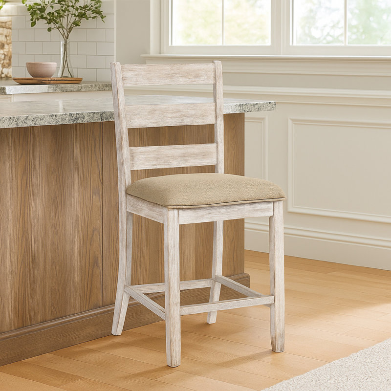 Tabouret de bar en bois Kauffeld, finition texturée, brun et blanc