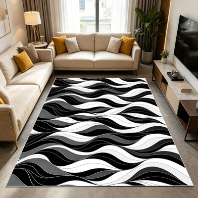 1PC black white gray wavy stripe area rugs for Living Room, Soft, All seasons, Easy-maintain, Washable Indoor mat, Farmhouse suitable for dining room, bedroom, entryway, kitchen, patio, Home Decor, Outdoor Decor.