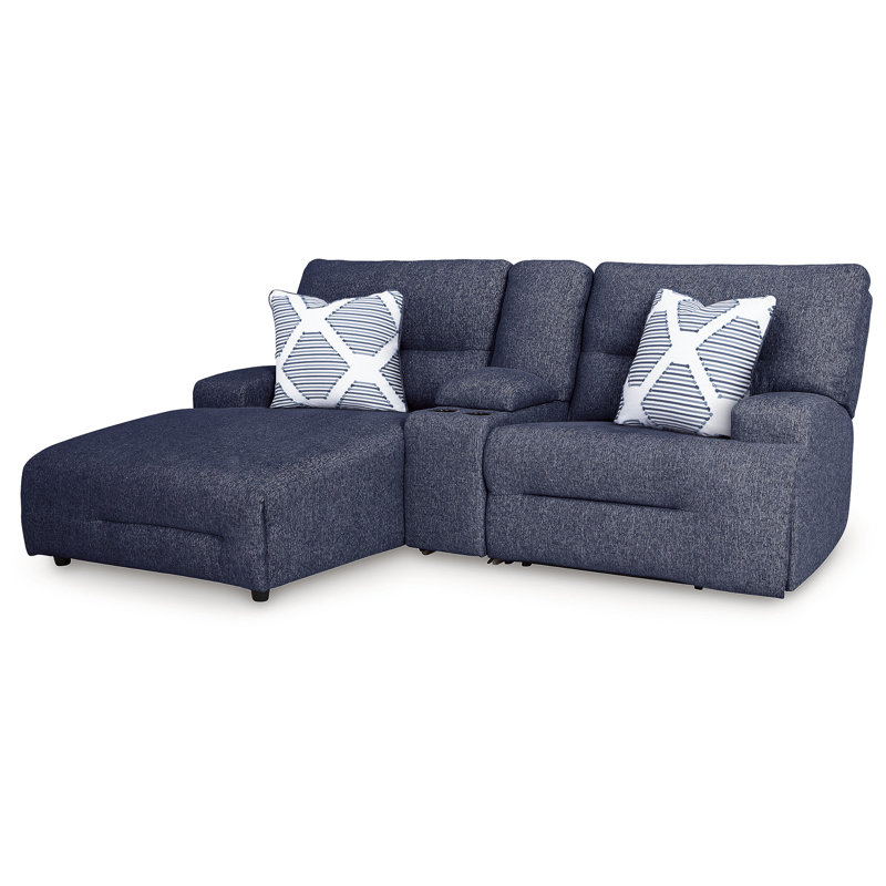 Acklen 3-Piece Power Reclining Sectional Sofa With Chaise, Blue Polyester, Left Hand Facing
