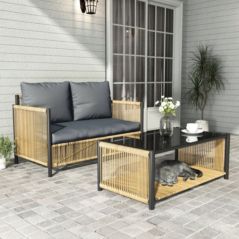 Jardin extérieur avec coussins et table gris - sièges confortables 2 brun, équipement de rangement polyvalent