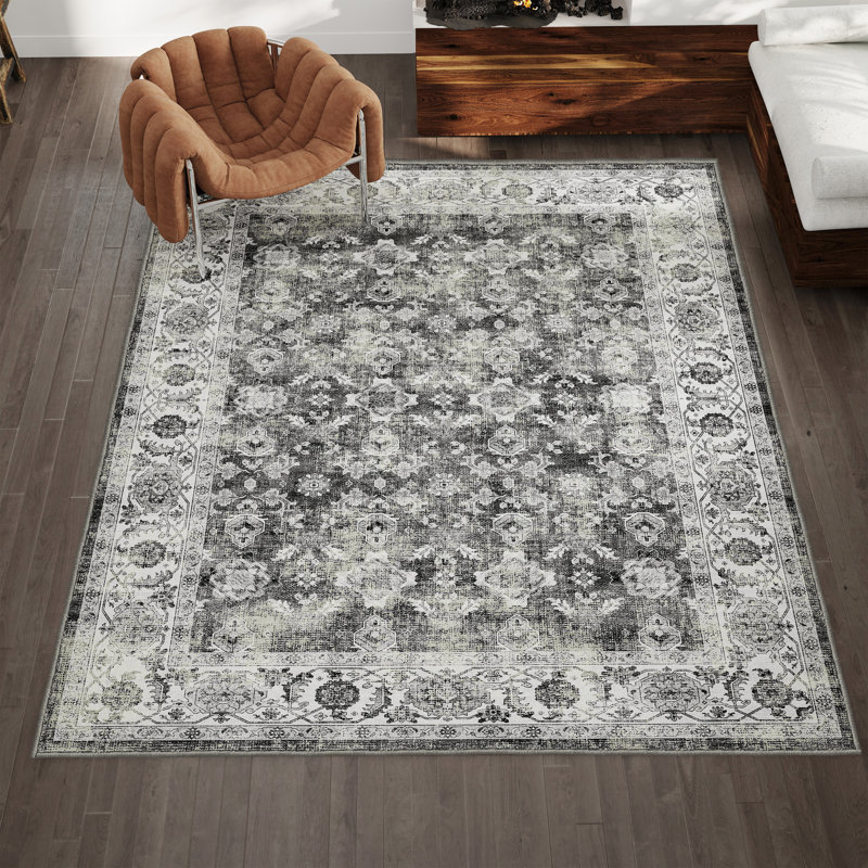 Tapis oriental gris lavable à la machine Anran, Rectangle 8 pi x 10 pi