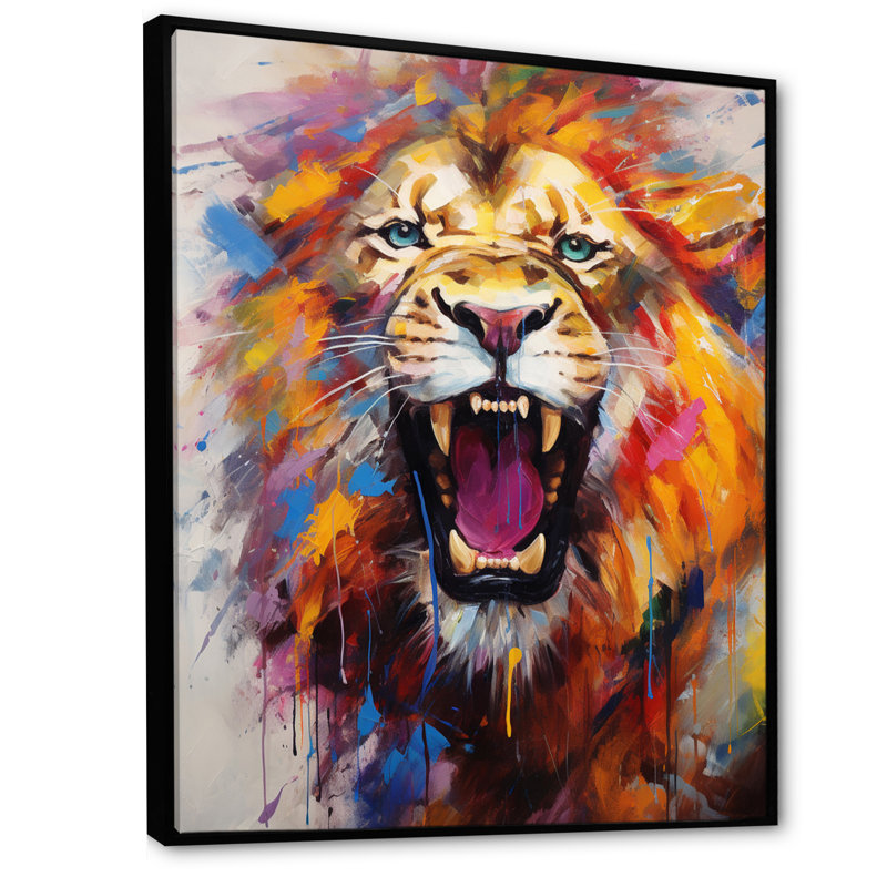 Abstrait lion rugissant - Lion, art mural, H 32 po x l 16 po x P 1 po, Cadre flottant noir