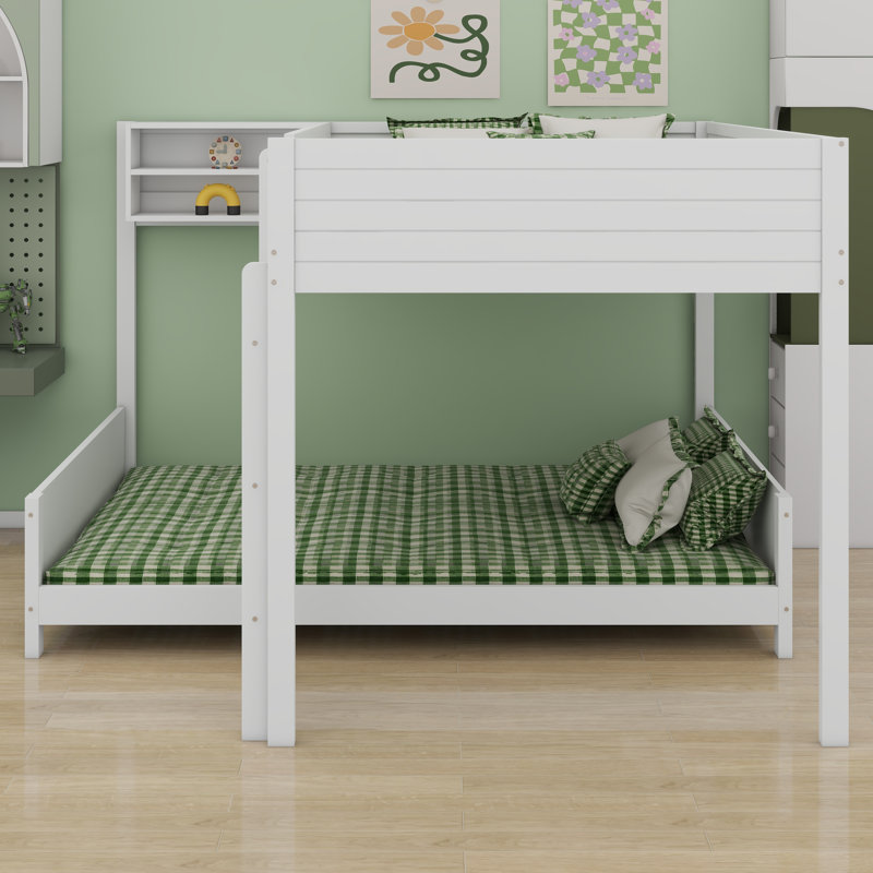 Lit superposé en bois moderne avec tablette de rangement pratique et échelle, Blanc