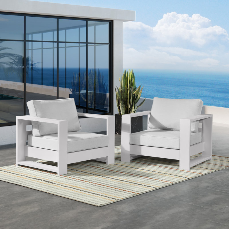 Hoyt 37.40” Outdoor Aluminum Armchair Set (Set of 2), Snow White, Light Gray