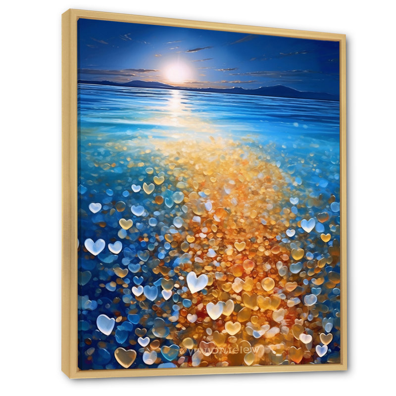 Petits cœurs sur la plage tropicale de la pleine lune, H 40 po x l 30 po x P 1,5 po, Cadre naturel flottant