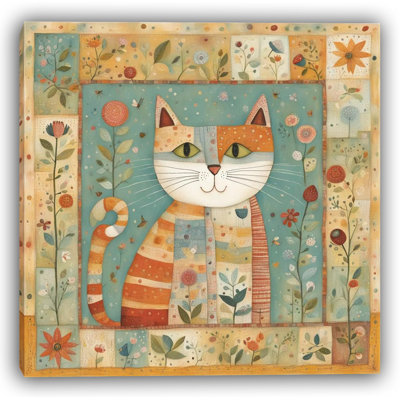Patchwork Kitty Garden - Folk Art Cat in Colorful Quilt