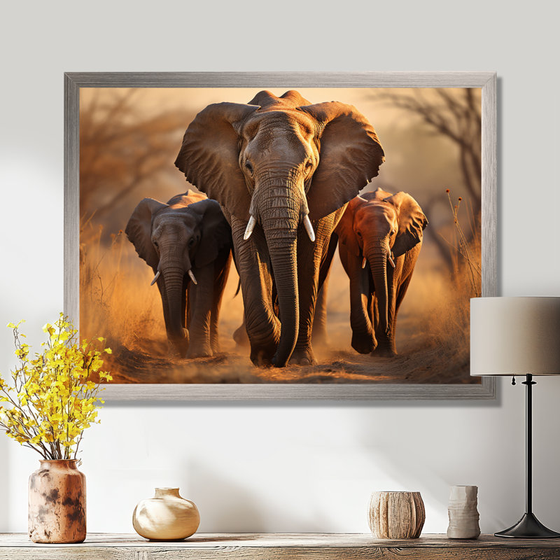 Éléphants d'Afrique, «Family Bond», H 30 po x l 40 po x P 1,5 po, Cadre simple argenté