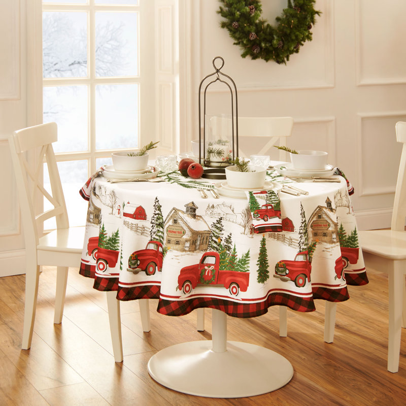 Gambell Round/Oval Red Christmas Truck Polyester Tablecloth, 84" L x 60" W